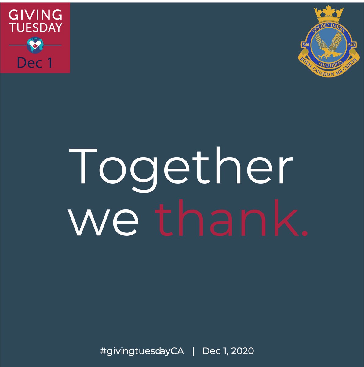 540GoldenHawks's tweet photo. Today is #GivingTuesday!

Donate to 540: https://t.co/5WqNMUxZ6E

In recognition of today's leaders, @townofoakville Air Cadets are planning to write letters to @RegionofHalton frontline workers and first responders in support of their leadership role during this time of crisis. https://t.co/izY41uTK3K