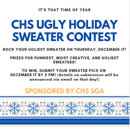 CalvertGuidance's tweet image. Get ready to rock your Ugly Holiday Sweaters on December 17! You can win prizes from @CalvertSGA ! ❄️ @THECalvertHigh