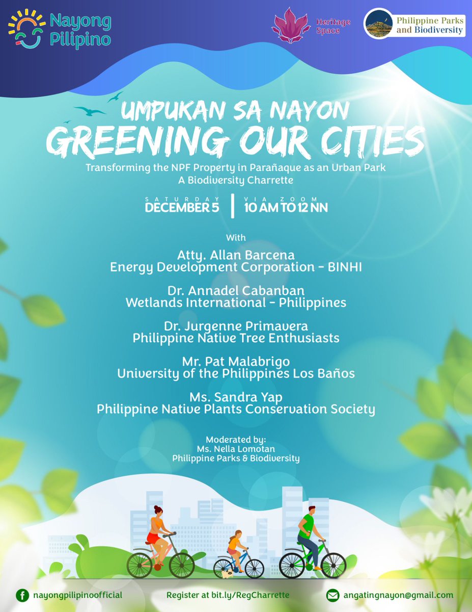 TourismPHL's tweet photo. Your call for more green spaces and sustainable cities is being heard!

@PHParksAndBio and @AtingNayon invite you to Umpukan sa Nayon: Greening Our Cities which aims to seek greener solutions in transforming the Nayong Pilipino Foundation Property in Parañaque into an urban park. https://t.co/uu9cDknBGR