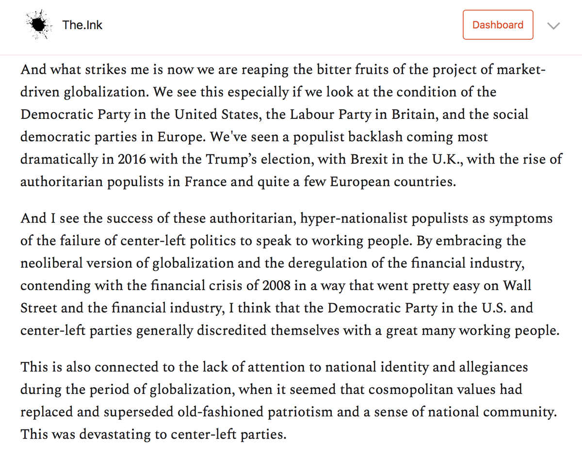Sandel argues that center-left parties like the Democrats won't be able to beat back the threat of demagogic, populist autocracy without honestly reckoning with their own failures in managing globalization, deregulating finance, and responding to 2008. https://the.ink/p/dignity&nbsp;