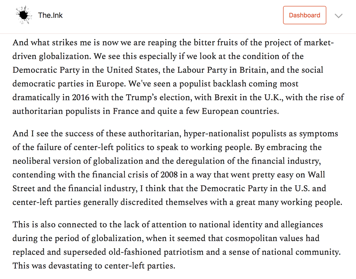 Sandel argues that center-left parties like the Democrats won't be able to beat back the threat of demagogic, populist autocracy without honestly reckoning with their own failures in managing globalization, deregulating finance, and responding to 2008. https://the.ink/p/dignity 