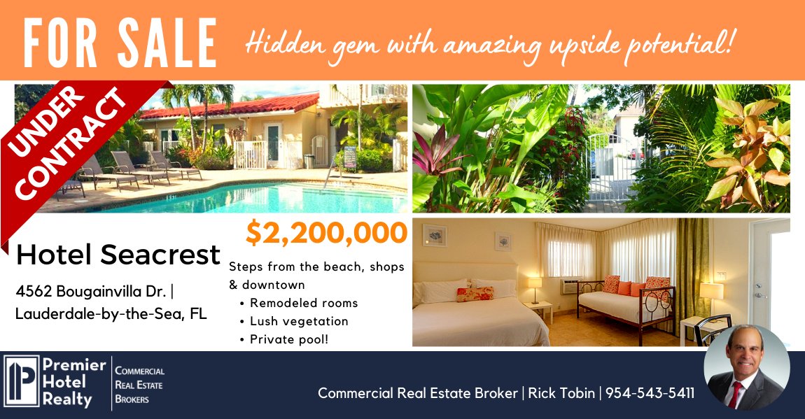 CREPropertyWire's tweet image. 🌊We are very happy to share with you that Premier Hotel Realty has placed Hotel Seacrest in Lauderdale-By-The-Sea Under Contract! 📝

👀Considering selling your property? Contact us! We have dozens of qualified buyers still looking to purchase hotel properties of all sizes.
