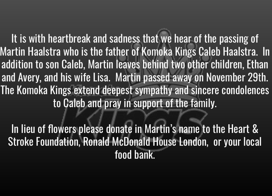 The Komoka Kings organization received some sad news this morning, as Martin Haalstra, father of defenceman Caleb Haalstra has passed away. 

For his obituary, click here: kebbelfuneralhome.com/tribute/detail…

To contribute, click here: kebbelfuneralhome.com/tribute/detail…