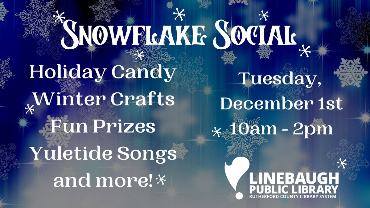rclstn's tweet photo. Remember, our Snowflake Social is today at #Linebaugh. Drop in anytime between 10am-2pm today for candy, crafts, prizes, and socially distant fun! https://t.co/NEGarFIfBl