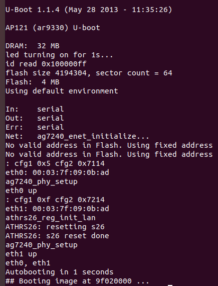 Fortunately there is another way to grab the credentials, we can use the uboot environment that appears before the main OS boots, as shown here with "autobooting in...". Make a note that there appears to be 4MB of flash storage on the device.