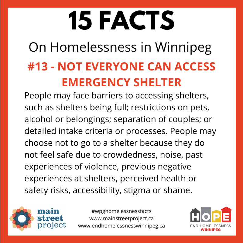Fact #13: Emergency shelters cannot meet everyone's needs and are a reflection of - not a solution to - the crisis of homelessness.  #WpgHomelessnessFacts