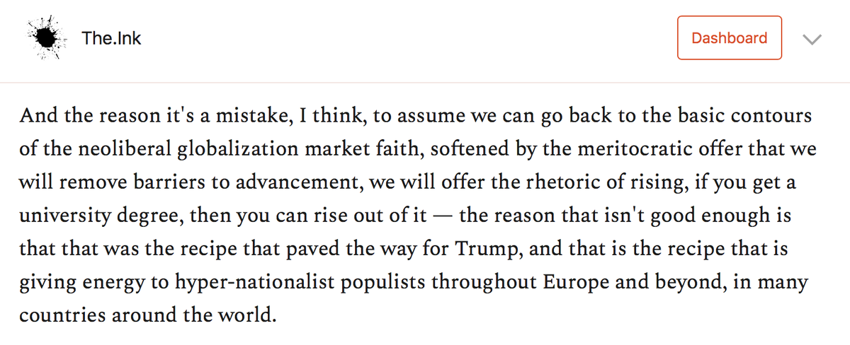 If Biden's plan is to restore the era of market-driven neoliberal globalization, he will be paving the way for another Trump, maybe this time one who can read. https://the.ink/p/dignity&nbsp;