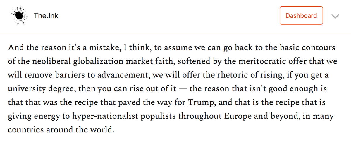 If Biden's plan is to restore the era of market-driven neoliberal globalization, he will be paving the way for another Trump, maybe this time one who can read. https://the.ink/p/dignity 