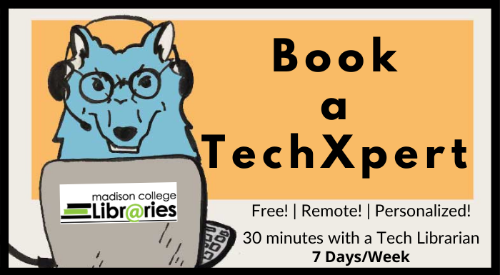 madcollegelib's tweet photo. Hey @MadisonCollege students! Looking for help with academic technology? Look no further than the NEW Book a TechXpert service! Book your appointment TODAY! #StudentTechSupport https://t.co/FaYUNbJ9re https://t.co/NGAS7qqDKc