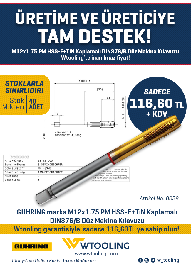 GUHRING marka M12x1.75 PM HSS-E+TiN Kaplamalı DIN376/B Düz Makina Kılavuzu Wtooling garantisiyle  sadece 116,60TL ye sahip olun! 
wtooling.com
#kesiciuc #cuttingtools #kesicitakım #cnc #muhendislik #tornalama #frezeleme #delme #raybalama #cncmachining #guhring #gühring