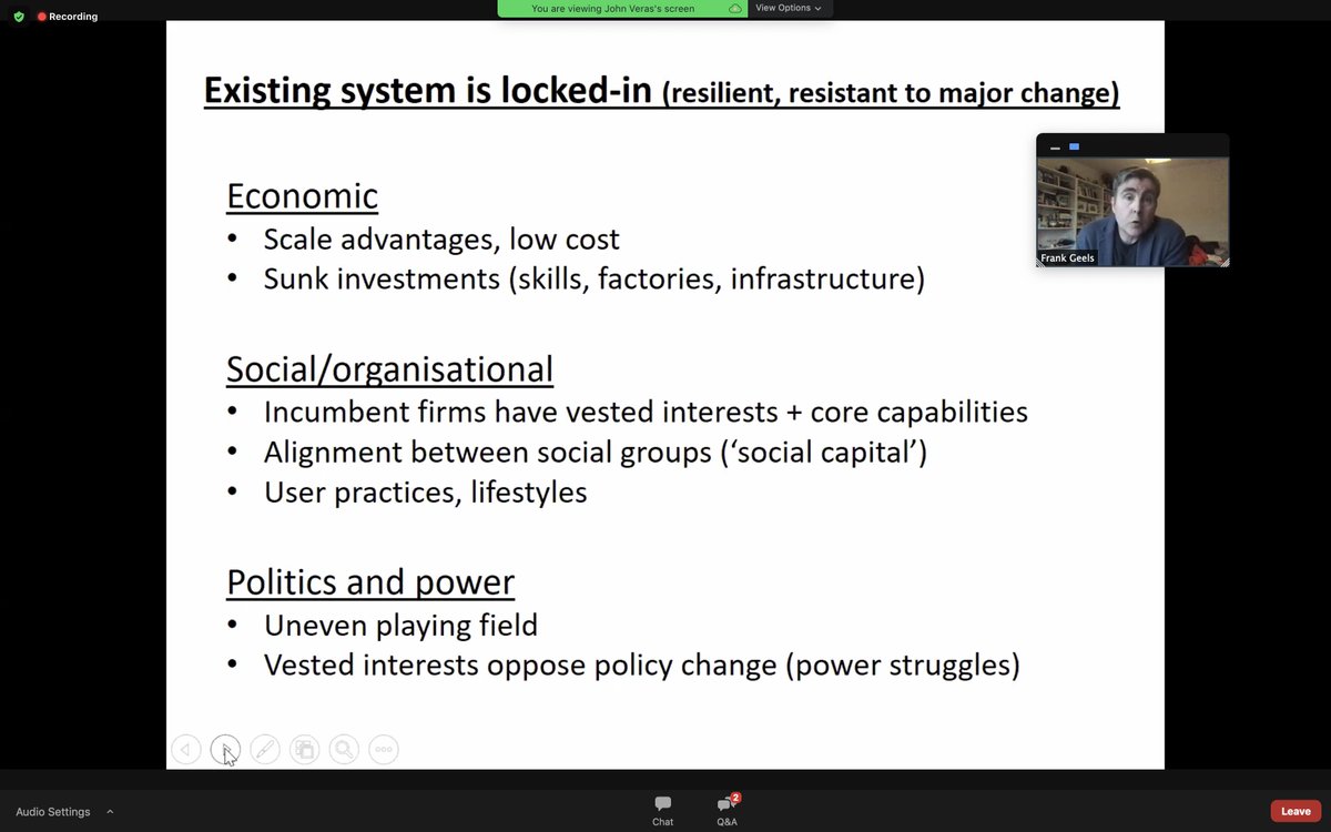 Before we talk about transformation, must understand stability says Frank Geels. Why don't things change? Economic, social, and political/power reasons entrench and lock in the status quo, fight with the many innovations/seeds of change that could scale but struggle to establish.