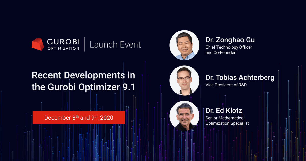 gurobi's tweet image. Join us next week to learn about the new performance improvements and features in Gurobi 9.1, the new version of our industry-leading mathematical optimization solver.

Register Now: bit.ly/2UGGI5t

#optimization  #machinelearning  #datascience #AI #analytics