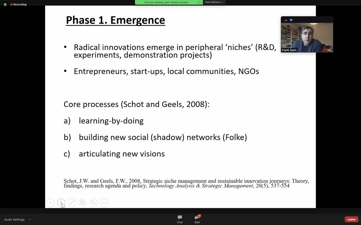 Frank Geels on transition stages:1. Emergence: innovations emerge in niches 2. Stabilization: Include more actors, form rules, bigger projects3. Diffusion: transformation/waves of creative destruction goes mainstream (vs. resistance)4.  Reconfig- decline old, system change