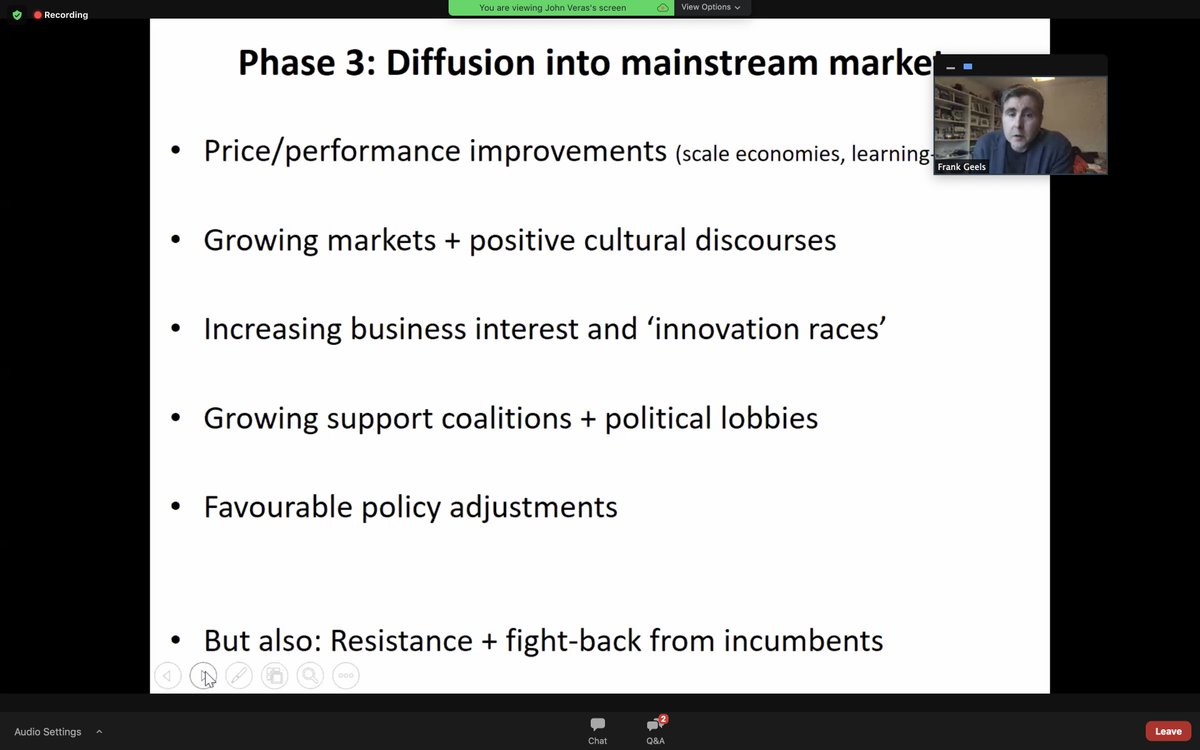 Frank Geels on transition stages:1. Emergence: innovations emerge in niches 2. Stabilization: Include more actors, form rules, bigger projects3. Diffusion: transformation/waves of creative destruction goes mainstream (vs. resistance)4.  Reconfig- decline old, system change