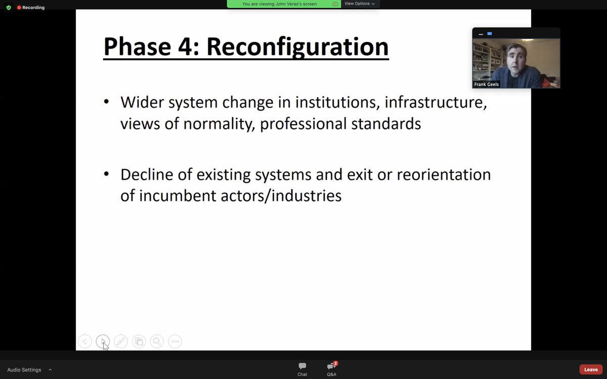 Frank Geels on transition stages:1. Emergence: innovations emerge in niches 2. Stabilization: Include more actors, form rules, bigger projects3. Diffusion: transformation/waves of creative destruction goes mainstream (vs. resistance)4.  Reconfig- decline old, system change