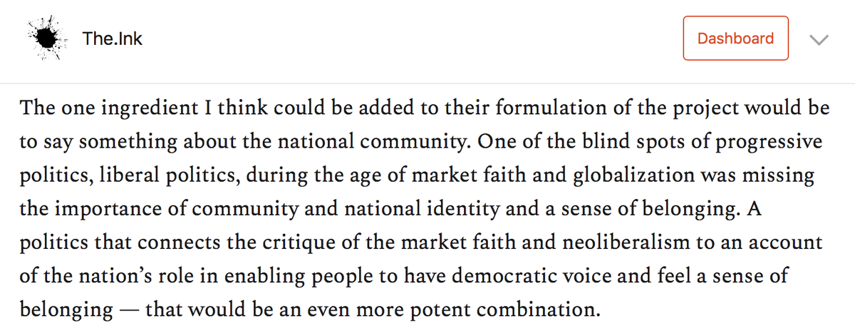 Michael Sandel's ideas clearly rhyme with the political agendas of Bernie Sanders and Elizabeth Warren. But he thinks there's one element missing from many progressive pitches. https://the.ink/p/dignity&nbsp;