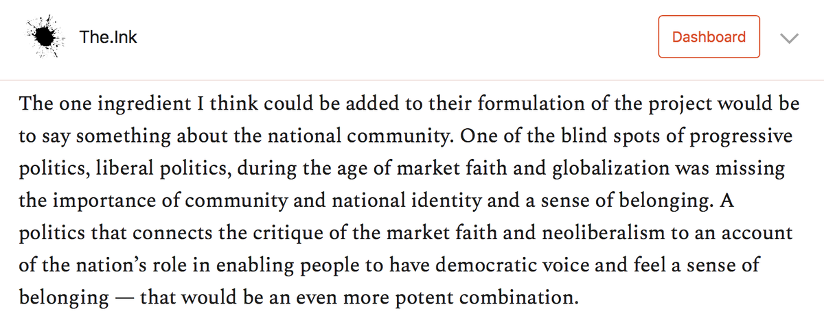 Michael Sandel's ideas clearly rhyme with the political agendas of Bernie Sanders and Elizabeth Warren. But he thinks there's one element missing from many progressive pitches. https://the.ink/p/dignity 