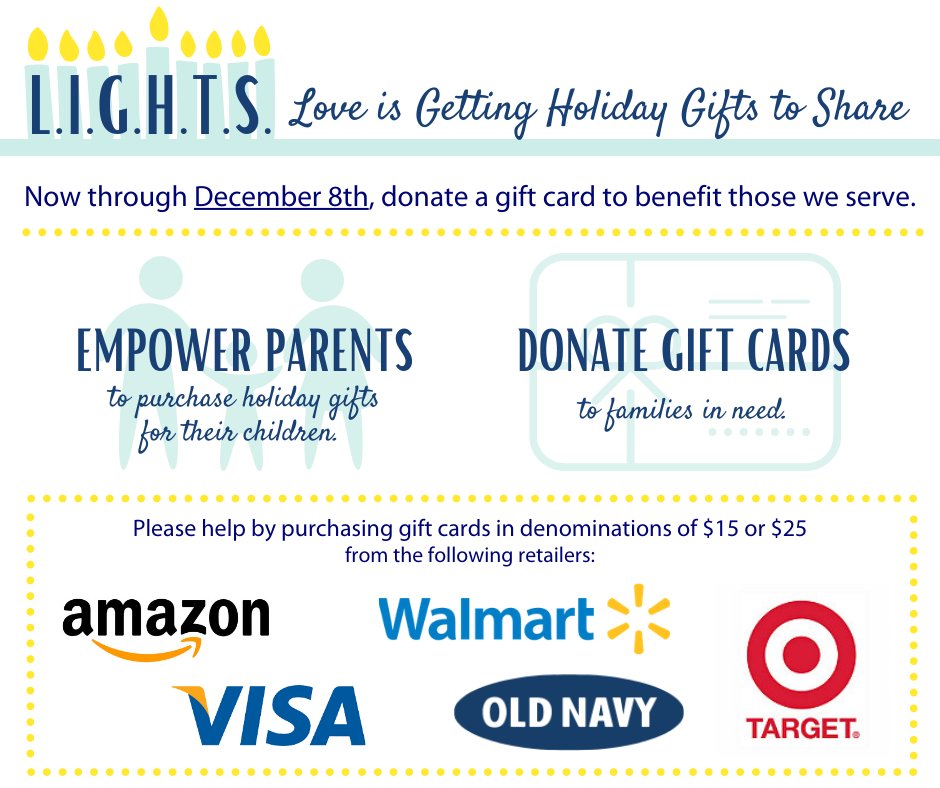 Now through December 8, you can help make the holidays extra special for our clients. Donate a gift card to our LIGHTS (Love is Getting Holiday Gifts to Share) program. 
#holidaydonations #giftdrive #JFCSMercer