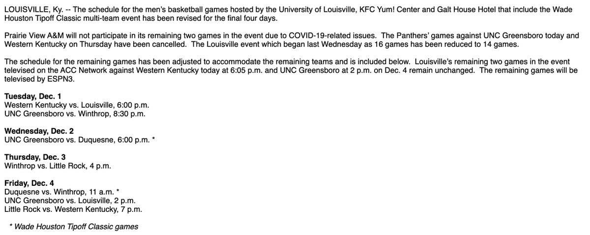 CardChronicle's tweet photo. Prairie View A&M has bowed out of #TheWade because of Covid issues. Louisville is still planning to play today and Friday as scheduled. https://t.co/dkpncDaLZE