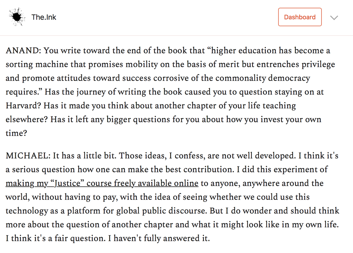 And I asked Michael Sandel whether, given his critique of institutions like Harvard, he is thinking of going elsewhere. https://the.ink/p/dignity&nbsp;