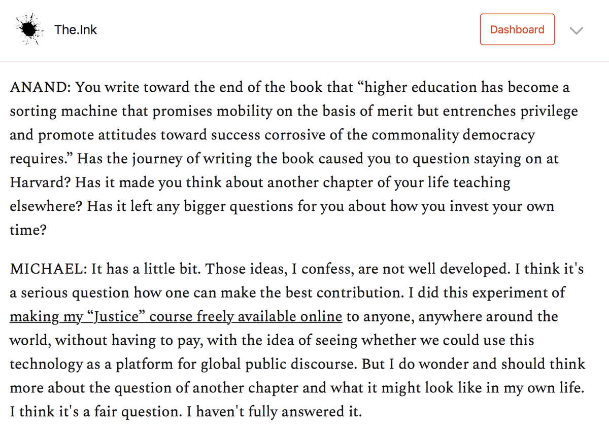 And I asked Michael Sandel whether, given his critique of institutions like Harvard, he is thinking of going elsewhere. https://the.ink/p/dignity 