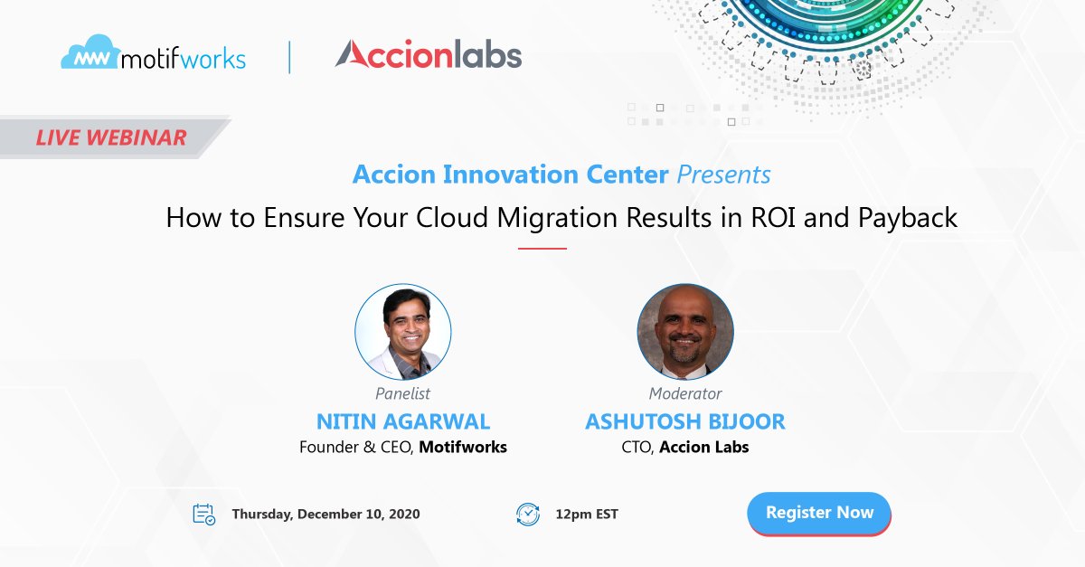Join #Motifworks’ CEO, Nitin Agarwal, at a #webinar hosted by Accion Labs, “How to Ensure Your #CloudMigration Results in ROI and Payback”. Learn how #Azure can accelerate your #cloud journey with a cost-effective approach to implementation.

Register now: bit.ly/39wCQN9