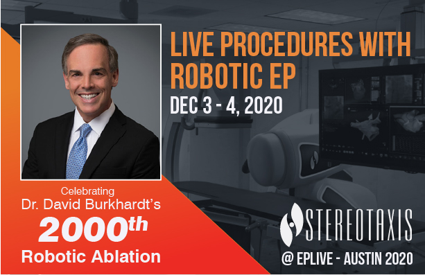 Join us to celebrate Dr. David Burkhardt's 2000th robotic ablation procedure 💕 and tune in to view live 📺 #RoboticEP procedures at #EPLive Dec 3-4. Register for the virtual event: ep-live.com/ep-live-austin/ @StDavidsHC @tcainstitute #EPeeps #MedEd #CardioEd