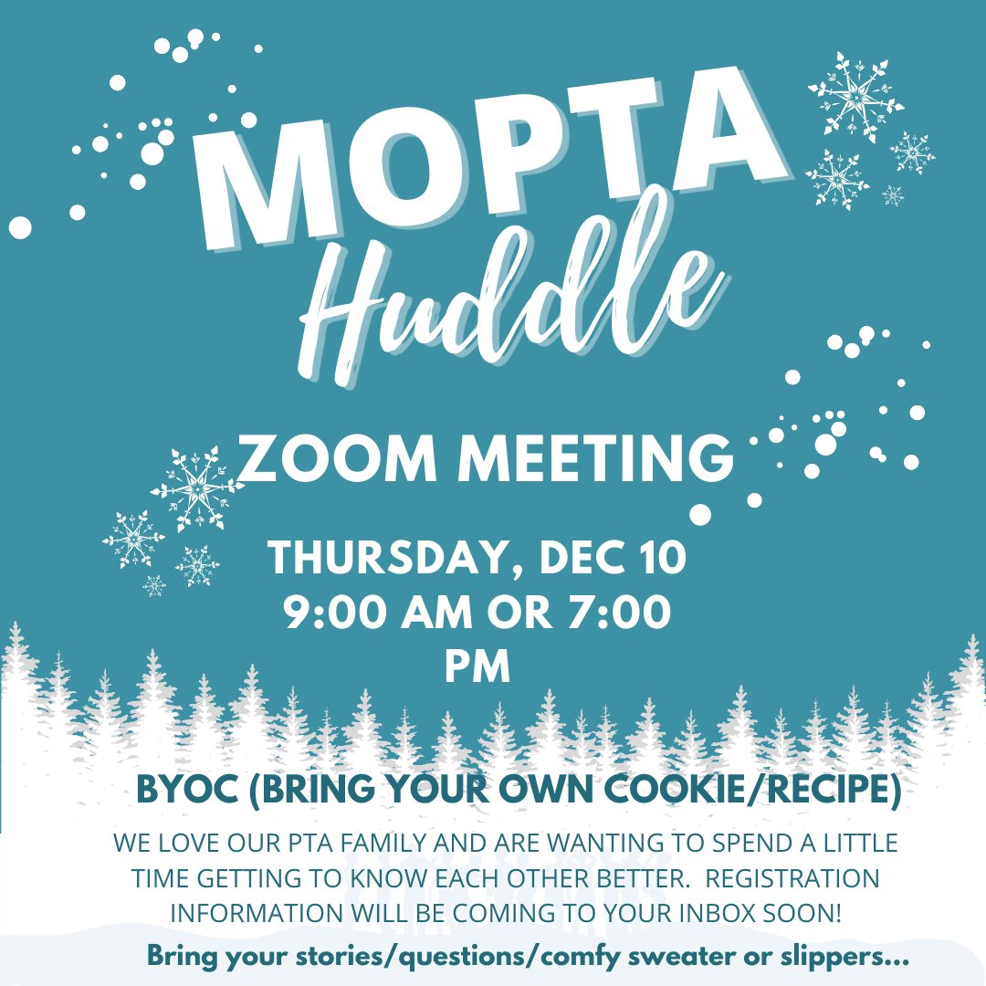 Missouri PTA Huddle is coming up soon!  
Save the Date:
Thursday, December 10 at 9am or 7pm 
(Zoom Registration coming soon)
#moptaloud #Letsgettogether