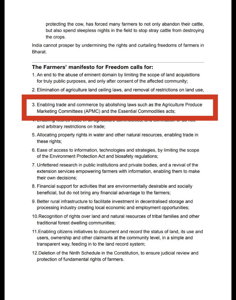 Bhartiya Kisan Union is leading organiser of farmers protests demanding roll back of Farms Bills. In 2019,  @BKU_KisanUnion demanded: abolition of APMCs, full freedom to trade, full freedom to sell, rent & lease farmland, contract farming, repeal of 9th schedule, futures trading.