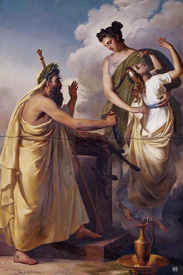 Left: Jephthah sacrificing his daughter. Happens in the Book of Judges. The apologetics that Christians use for this first came from Jewish writers and rabbis. Right: Agamemnon stopped from sacrificing his daughter Iphigenia. If you must apply apologetics, why not for this one?