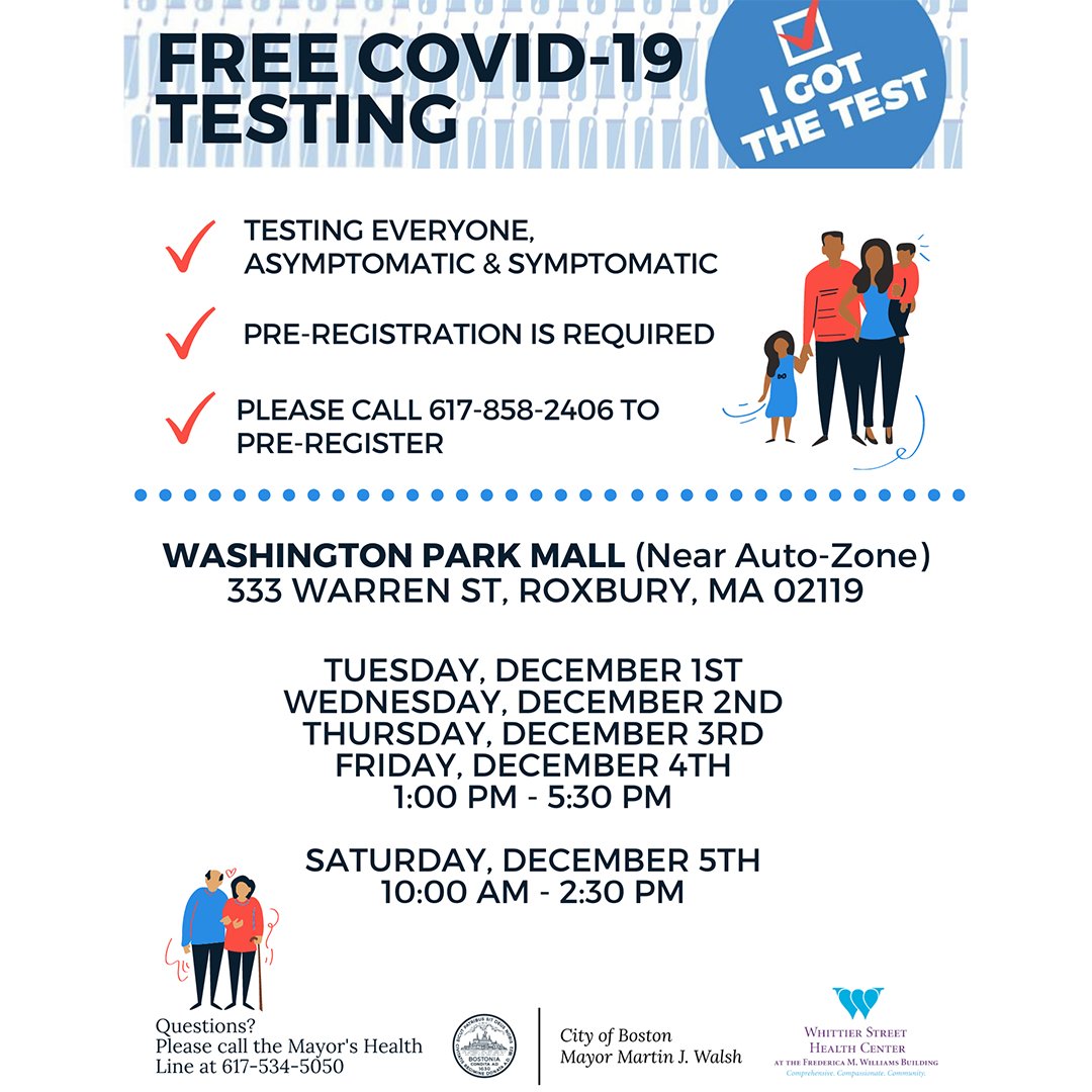 We also have #COVID19 testing in Roxbury at the Washington Park Mall through this Saturday, Dec. 5. Testing is free and available to everyone, regardless of insurance. Call 617-858-2406 to pre-register. https://t.co/R2GZa58OnI