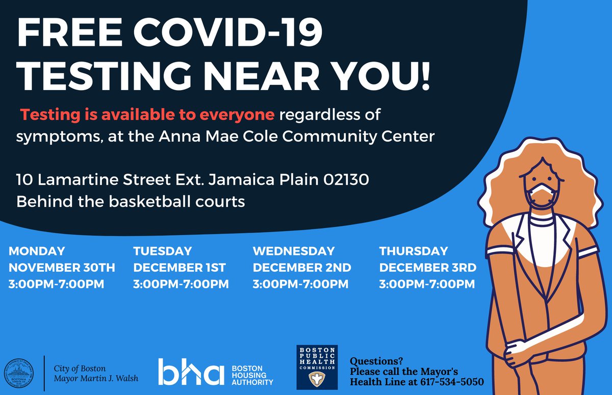 And don’t forget about our free #COVID19 testing site in Jamaica Plain at Anna Mae Cole Community Center through Thursday. The walk-up site is also available to everyone, regardless of insurance. No pre-registration is required. For more info, visit: https://t.co/J4OakgojUM https://t.co/bEYYmeZGxm