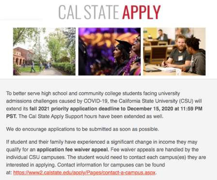 Covina High College and Career Center (@chs_colts_ccc) on Twitter photo Seniors, Cal State University (CSU) has extended it's fall 2021 priority application deadline to December 15th 2020 at 11:59 PST.
Contact information for campuses can be found at: www2.calstate.edu/apply/Pages/co…
<a href="/ColtsCounseling/">Covina High Counseling</a> Seniors, Cal State University (CSU) has extended it's fall 2021 priority application deadline to December 15th 2020 at 11:59 PST.
Contact information for campuses can be found at: www2.calstate.edu/apply/Pages/co…
<a href="/ColtsCounseling/">Covina High Counseling</a>