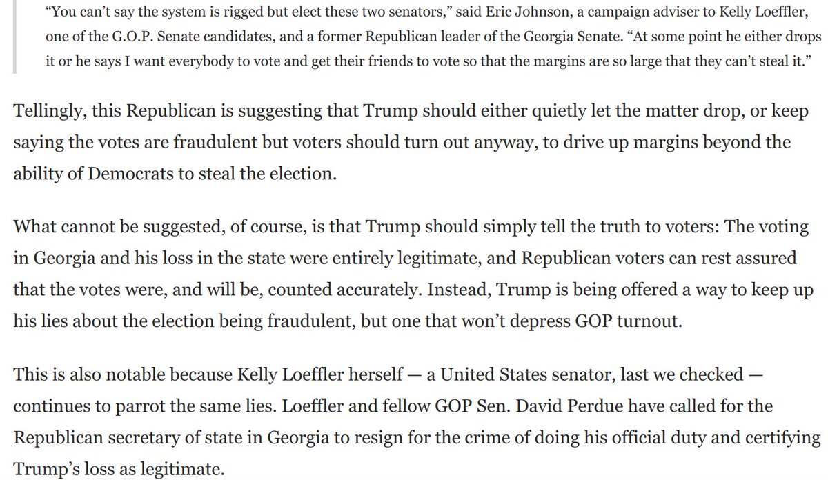 Amazing: An adviser to  @KLoeffler is now calling on Trump to stop undermining the integrity of Georgia elections. But Loeffler herself is doing exactly that!Telling the truth to GOP voters -- that Trump legitimately lost -- is simply not permitted: https://www.washingtonpost.com/opinions/2020/12/01/georgia-republicans-beg-trump-release-them-his-prison-lies/