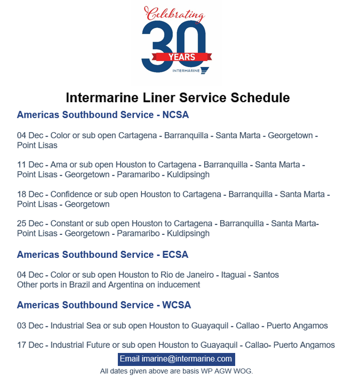 Intermarine_'s tweet photo. Intermarine - Liner Service Schedule - Week 49. For more info, please email imarine@intermarine.com

#Intermarine #shipIntermarine #linerservices #shipping #breakbulk #heavylift #maritime #logistics https://t.co/YUFpqLSBKC