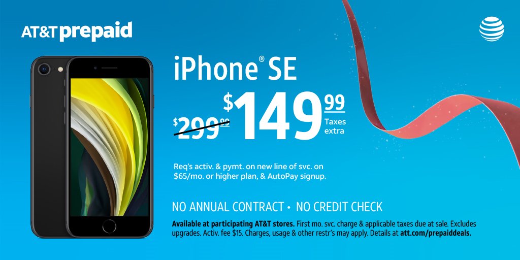 ATTSBattlefield's tweet image. Get the amazing iPhone SE for $149.99—a savings of $150—with no annual contract or credit check. Visit our AT&amp;amp;T Store at 729 S Battlefield Blvd or schedule a private, in-store appointment at bit.ly/ATTVIP. #ATTVIP #ATT #ATTPrepaid #Holiday #Deals #iPhoneSE
