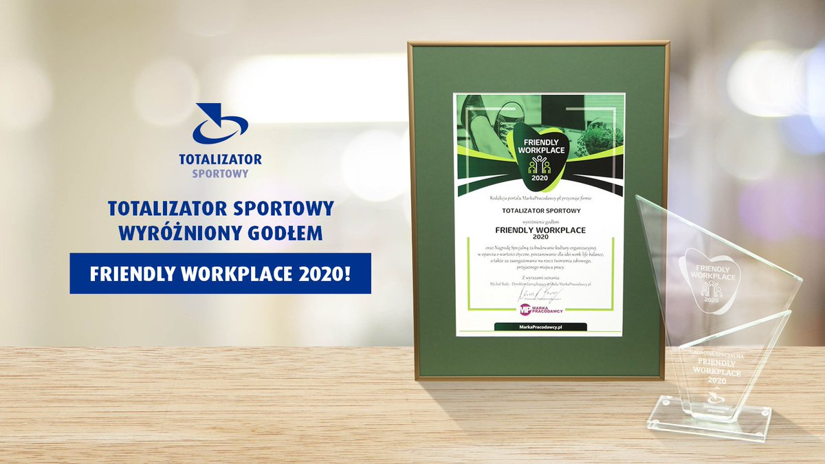 totalizator_sp's tweet photo. 📣 #TotalizatorSportowy otrzymał wyróżnienie🏆 godłem „#FriendlyWorkplace 2020" oraz Nagrodę Specjalną przyznaną przez redakcję portalu @MarkaPracodawcy👍 Dziękujemy❗️
ℹZachęcamy do zapoznania się ze szczegółowymi informacjami o nagrodzie: https://t.co/G80NLud2pS #WygrywamyRazem https://t.co/6tRx05tqiw