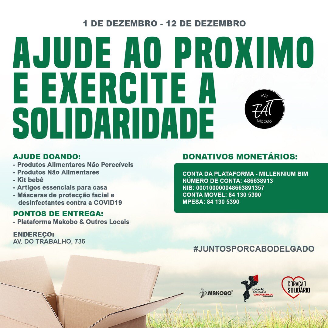 weeatmaputo's tweet photo. We Eat Maputo decidiu dar um apoio a Plataforma Makobo que tem estado a recolher doações para encaminhar aos que mais precisam. Desta forma, gostaríamos de apelar que todos vocês ajudem e contribuam com o que podem.
#juntosporcabodelgado
#weeatmaputo https://t.co/8FsyzxXek6