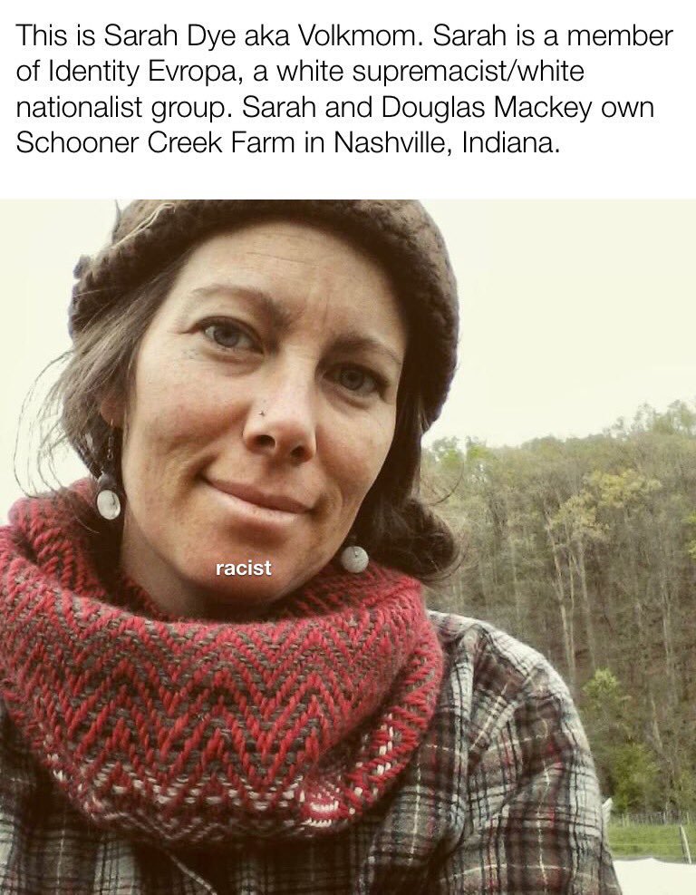 Do y'all remember Sarah Dye, due-paying & Discord-server belonging member Identity Evropa//American Identity Movement (AmIM)?Sarah & husband Doug Mackey own Schooner Freek Farm &were friends w IE/AmIM couple Nazi couple who tried to burn a local synagogue & got busted by feds