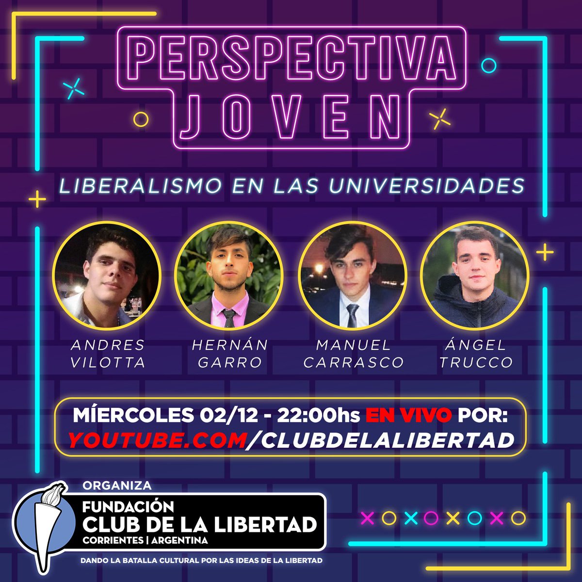 clubdelibertad's tweet photo. El miércoles 2 de diciembre a las 22:00 hs se llevara a cabo un nuevo evento de perspectiva joven con el tema "Liberalismo en las universidades". Disertarán: Andrés Vilotta, Hernán Garro, Manuel Carrasco y Ángel Trucco.

míralo por: 

https://t.co/I5wGAeRBOn https://t.co/crfe5Ehajn