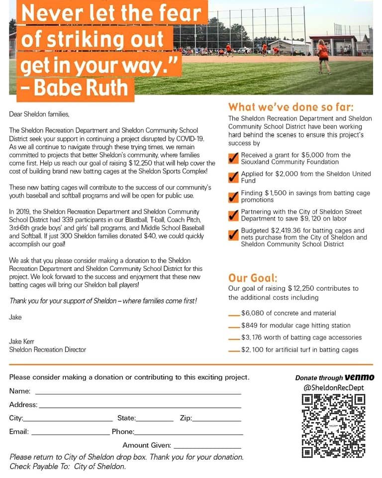 SheldonRecDept's tweet photo. Below is information about our fundraiser for the batting cages at the Sheldon Sports Complex. This project will include 3 hitting stations, and have a double 70' long batting cage.  Thank you for your consideration for this project. https://t.co/bHaXbhwcRg