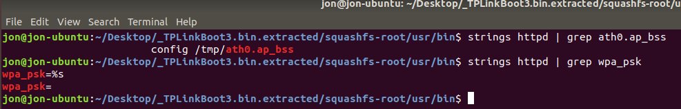 As everything is being run as httpd, that's the place to start. Running strings on the binary we obtained from the firmware dump earlier shows we are probably in the right place, but analysing this is outside of my skill set. The main concern I've got is, is that PSK fixed?