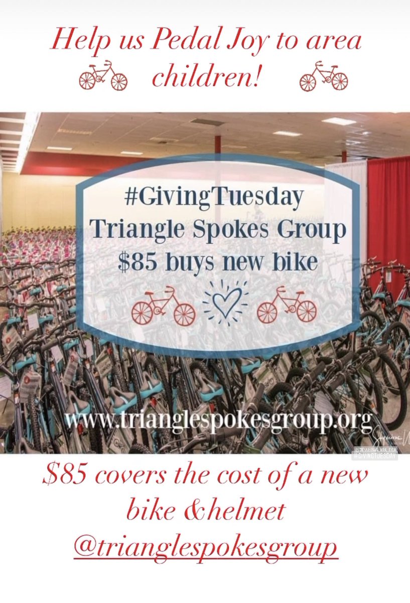 #GIVINGTuesday ... help us continue to #pedaljoy in the Triangle!!! Donate to @trianglespokes to give a kid a bike this holiday season! Any amount helps!   $85 buys bike and helmet!!  🚲🚲❤️🚲🚲 #trianglespokesgroup🎄🚲🎄🚲 visit TriangleSpokesGroup.org to make an online donation