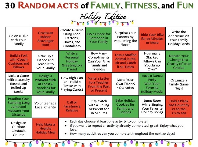 All 4 elementary's will have the opportunity to participate in the Random Acts of Family, Fitness, and Fun Challenge in the month of December! How many can you do? Info given out in class/Google classrooms <a href="/BCSDBulldogs/">Beacon Athletics</a> @SargentStars @CassandraOrser <a href="/LauraCahill7/">Laura Cahill</a> <a href="/MsSessoms/">Crystal Sessoms-Wiggins</a>