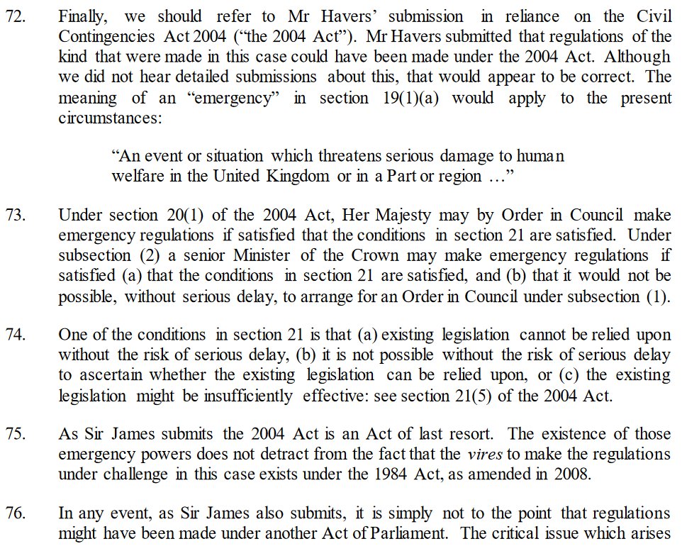 It dealt shortly with a point that Lord Sumption has been banging on about recently: that the regulations should have been made under the Civil Contingencies Act, which (amongst other things) provides for greater Parliamnetary scrutiny.
