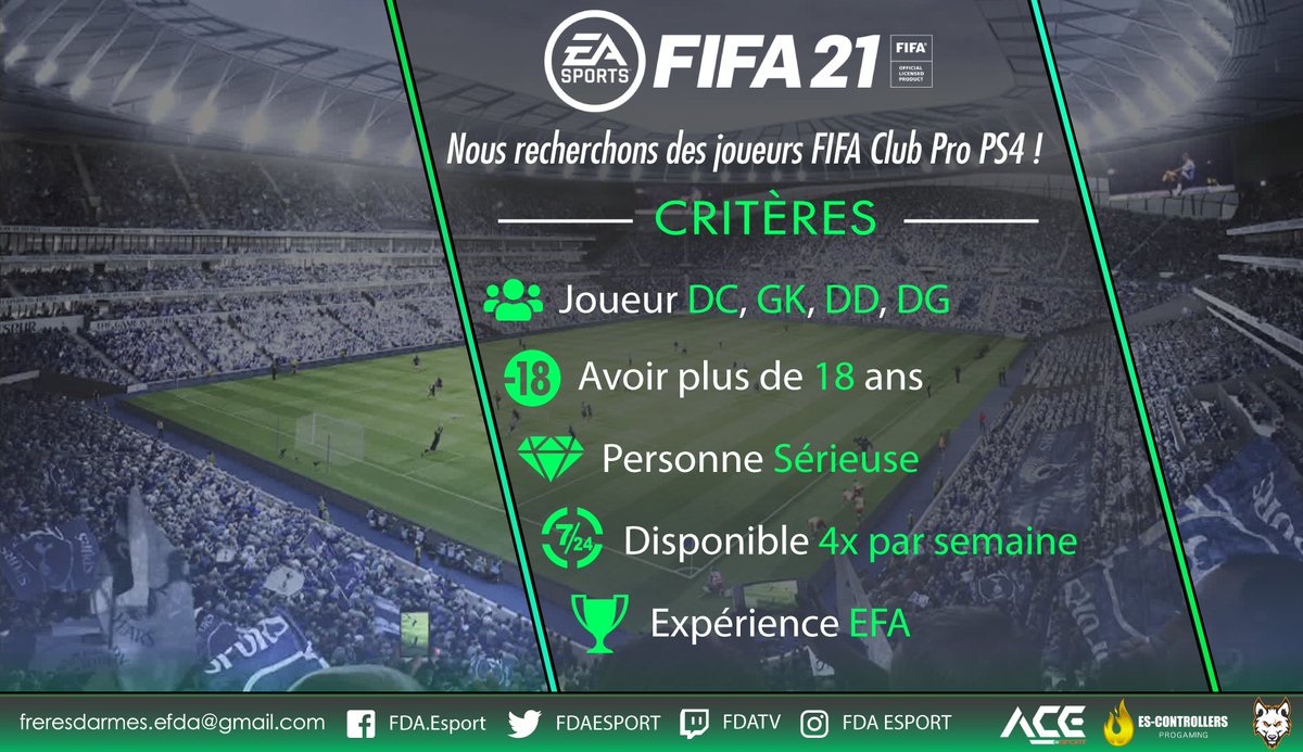 📋RECRUTEMENT📋

➡️Notre équipe #FIFA21 @FDA_eFoot  recherche des joueurs DC, GK, DD , DG afin de compléter le Club.  

📩Contactez @RR237_ , pour plus de renseignements.