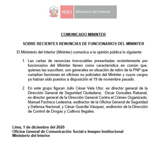 MininterPeru's tweet image. #ComunicadoMininter
Sobre las recientes renuncias de funcionarios del @MininterPeru.
➡️ Lee más: gob.pe/n/318624