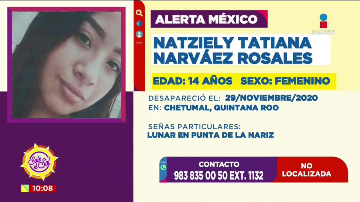 Se solicita tu ayuda para localizar a Natziely Tatiana Narváez Rosales de 14 años de edad, vista por última vez en Chetumal, Quintana Roo.

#AlertaAmber #AlertaMéxico