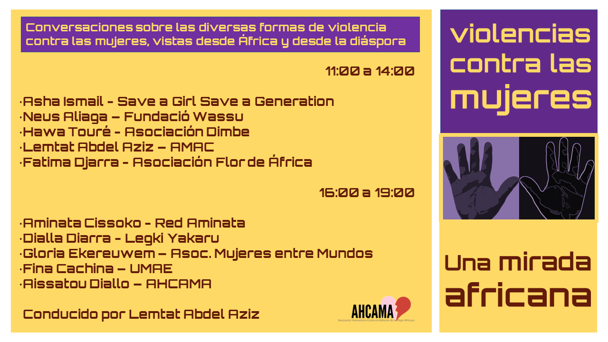 _AHCAMA's tweet photo. El sábado 5 te esperamos 
Sigue en directo x nuestro canal #YouTube ▶️https://t.co/XjuOZrpXn2 conversación Violencia contra las mujeres, #UnaMiradaAfricana
✊🏾10 voces de mujer desde #Africa y desde la diáspora
Colaboran @FundacionCepaim @FundacionWassu @fundaciogune @cortum_club https://t.co/tre0BAMNay