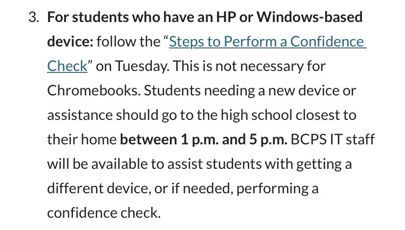 Families of students with HP or Windows-based devices: please perform a self-check on your device. Directions can be found at bcps.org/devices. If your device needs attention, please visit Perry Hall High School between 1pm and 5pm today.